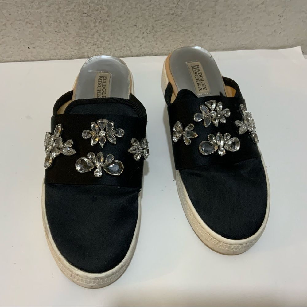 BADGLEY MISCHKA SATIN JEWELED MULES, RUBBER SOLES 6.5